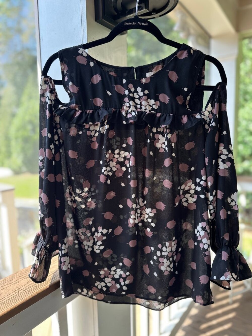 LOFT Black Babydoll Blouse Cold Shoulder Ruffle Long Sleeve Floral Tulips Size M